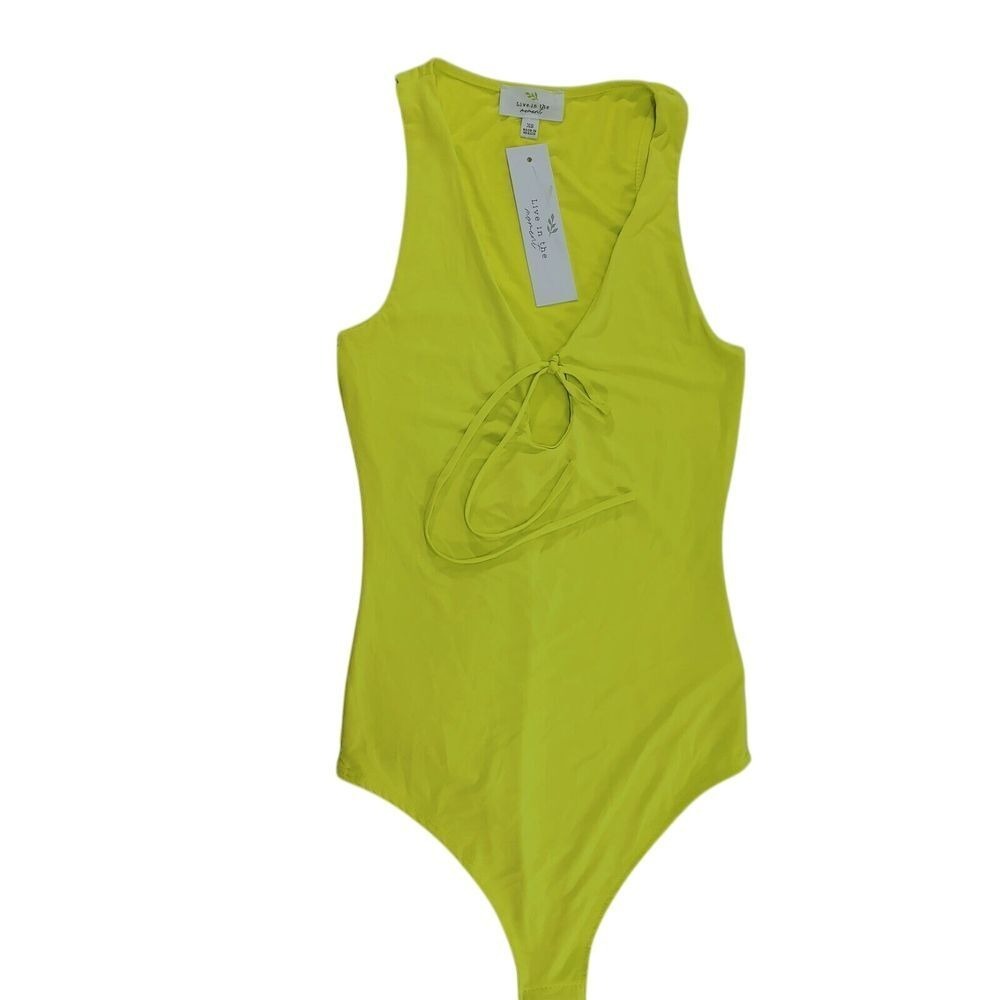 Live In The Moment Neon Yellow Sleeveless Bodysuit Front Tie V-Neck Size S